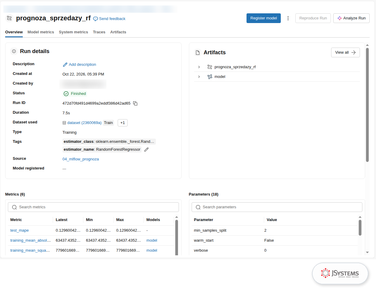 Szczegóły przebiegu MLflow w Databricks: metryka test_mape 0,1296, metryki treningowe i parametry RandomForestRegressor