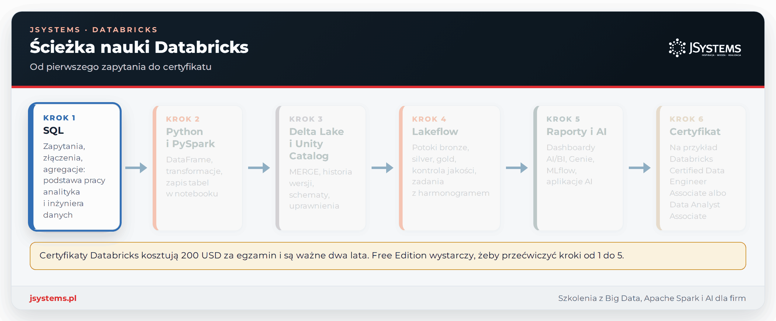 Animacja ścieżki nauki Databricks: SQL, Python i PySpark, Delta Lake i Unity Catalog, Lakeflow, raporty i AI, certyfikat