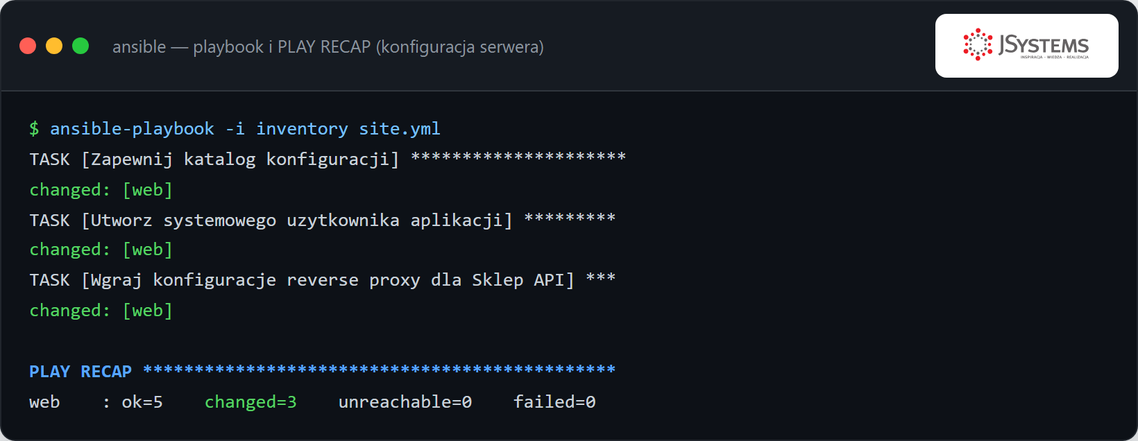 Terminal: ansible-playbook z zadaniami changed i podsumowaniem PLAY RECAP ok=5 changed=3