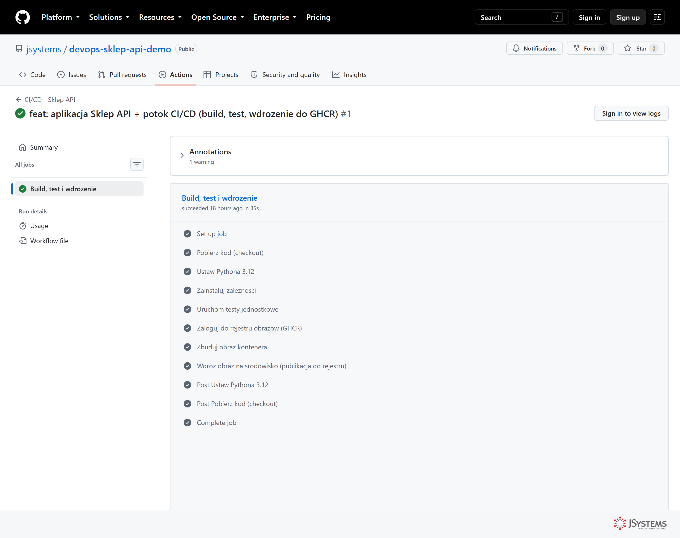 GitHub Actions - przebieg potoku CI/CD z zielonymi krokami: testy, budowanie obrazu i wdrożenie