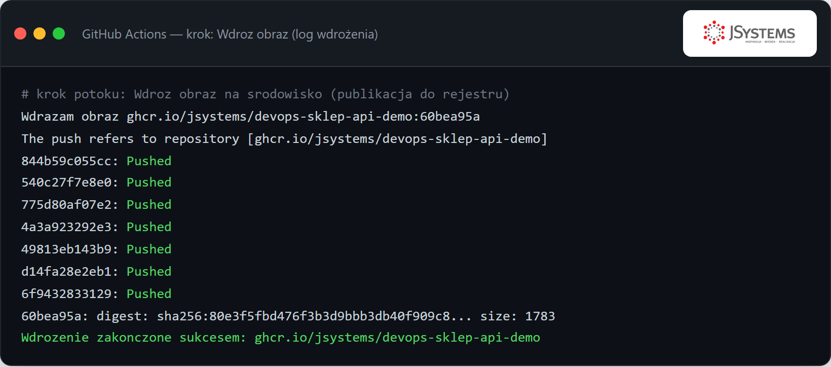 Log kroku wdrożenia w GitHub Actions - publikacja obrazu do rejestru, kolejne warstwy Pushed