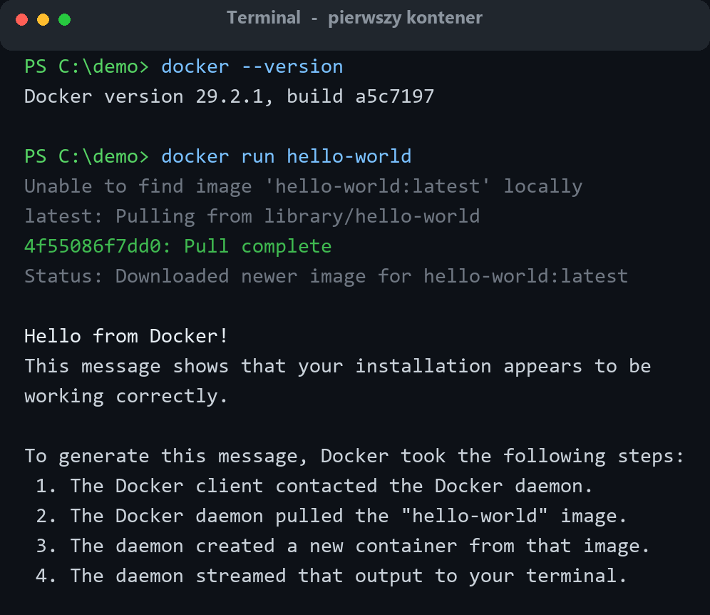 Terminal: docker --version pokazuje Docker 29.2.1, a docker run hello-world pobiera obraz i wypisuje Hello from Docker