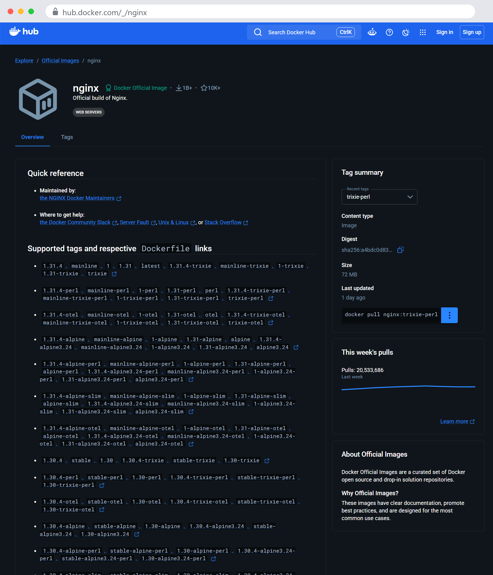 Strona Docker Hub z oficjalnym obrazem nginx: opis, obsługiwane tagi i licznik ponad 20 milionów pobrań tygodniowo