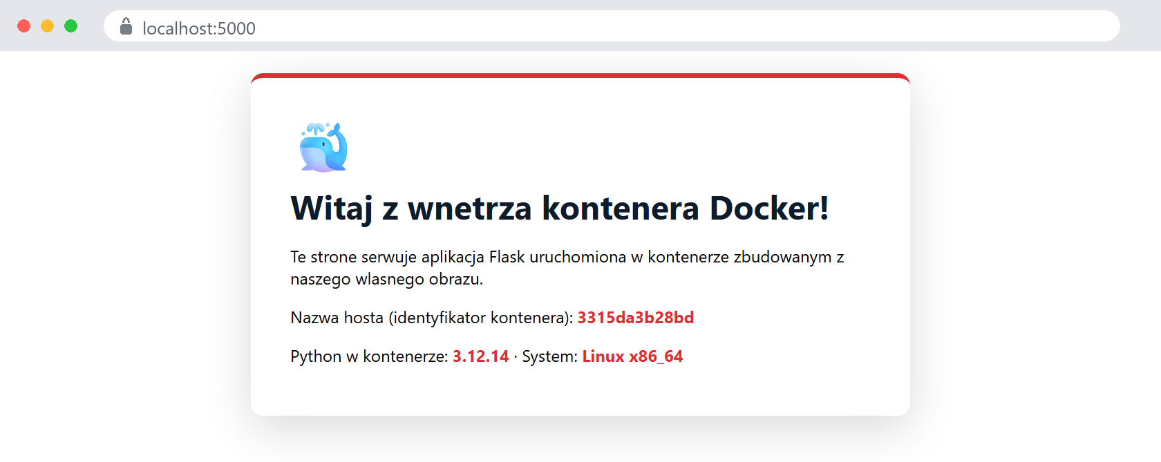 Przeglądarka pod adresem localhost:5000 pokazuje stronę naszej aplikacji Flask z identyfikatorem kontenera i wersją Pythona