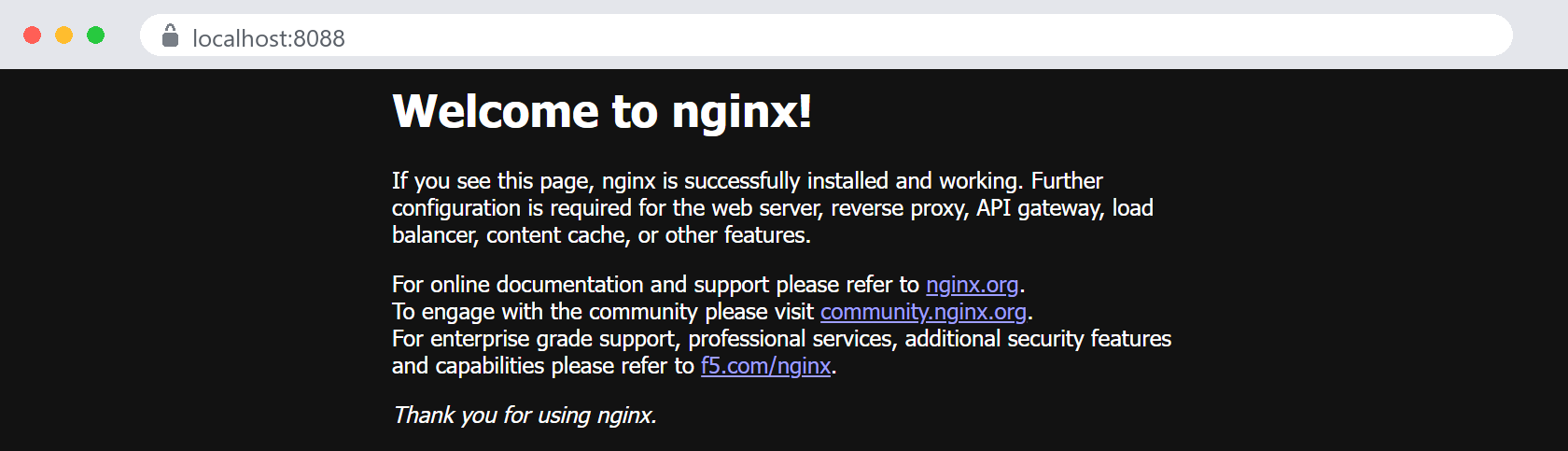 Przeglądarka pod adresem localhost:8088 pokazuje stronę powitalną Welcome to nginx serwowaną przez kontener