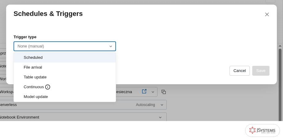 Typy wyzwalaczy joba w Databricks: Scheduled, File arrival, Table update, Continuous i Model update