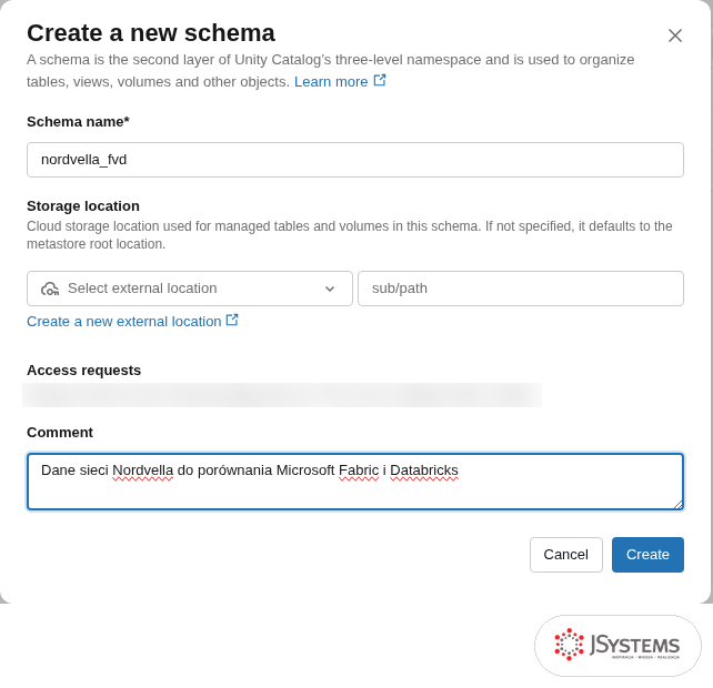 Okno Create a new schema w Databricks z nazwą nordvella_fvd i opisem trzypoziomowej przestrzeni nazw Unity Catalog