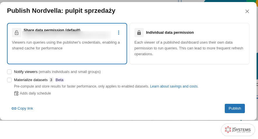 Okno Publish w Databricks z wyborem Share data permission albo Individual data permission dla odbiorców pulpitu