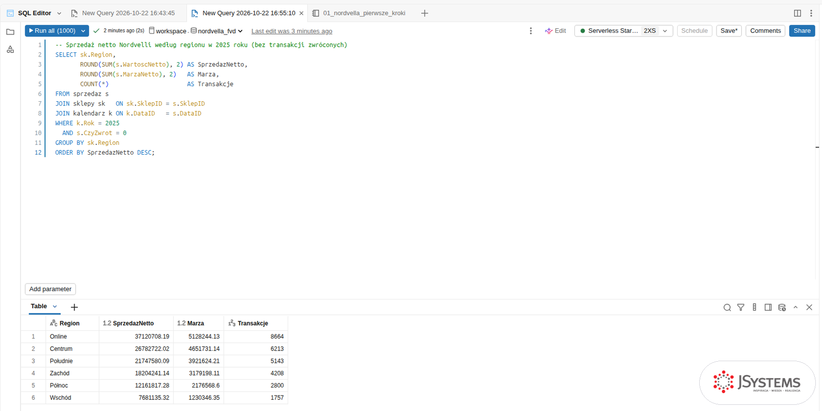 To samo zapytanie SQL w SQL Editor w Databricks z wynikiem dla sześciu regionów