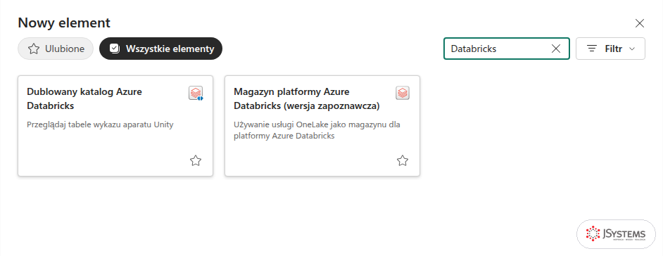 Galeria Nowy element w Fabric po wyszukaniu Databricks: Dublowany katalog Azure Databricks i Magazyn platformy Azure Databricks