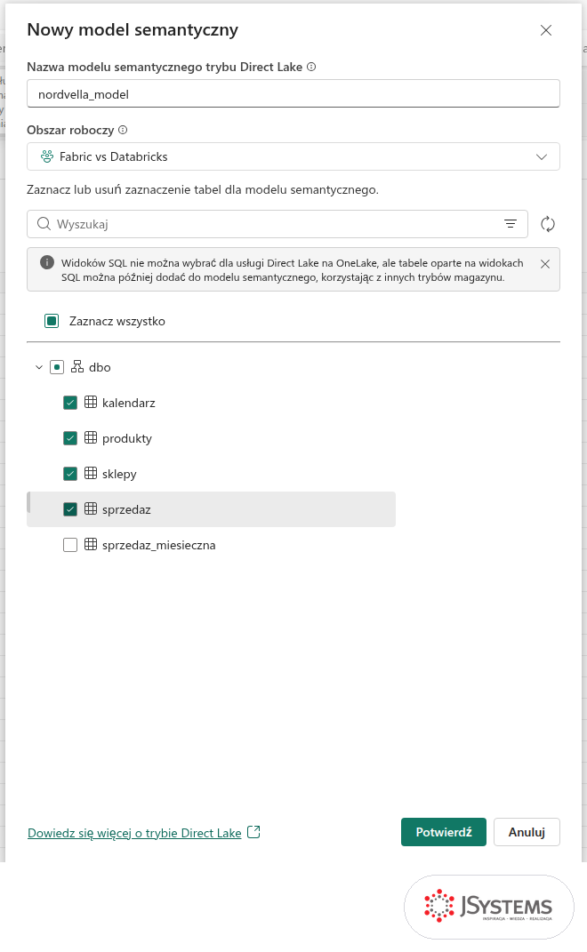 Okno Nowy model semantyczny w Fabric w trybie Direct Lake z nazwą nordvella_model i zaznaczonymi czterema tabelami