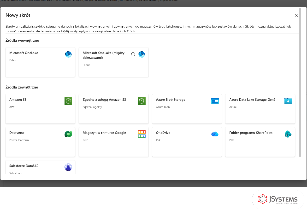 Okno Nowy skrót w lakehouse Fabric ze źródłami OneLake, Amazon S3, ADLS Gen2, Google Cloud i SharePoint