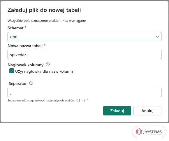Okno Załaduj plik do nowej tabeli w Fabric: schemat dbo, nazwa tabeli sprzedaz, nagłówek kolumn i separator przecinek