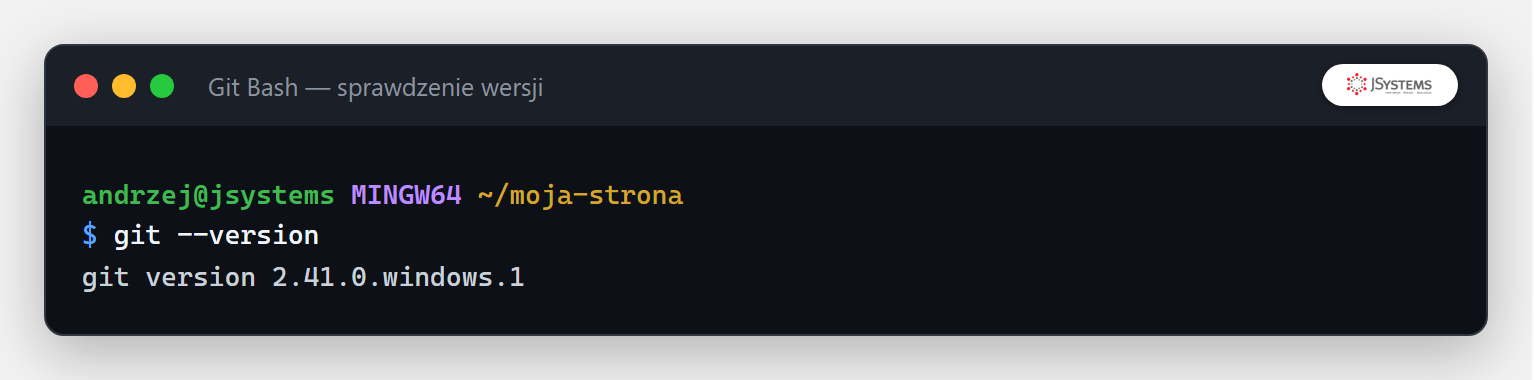 Terminal z wynikiem polecenia git --version