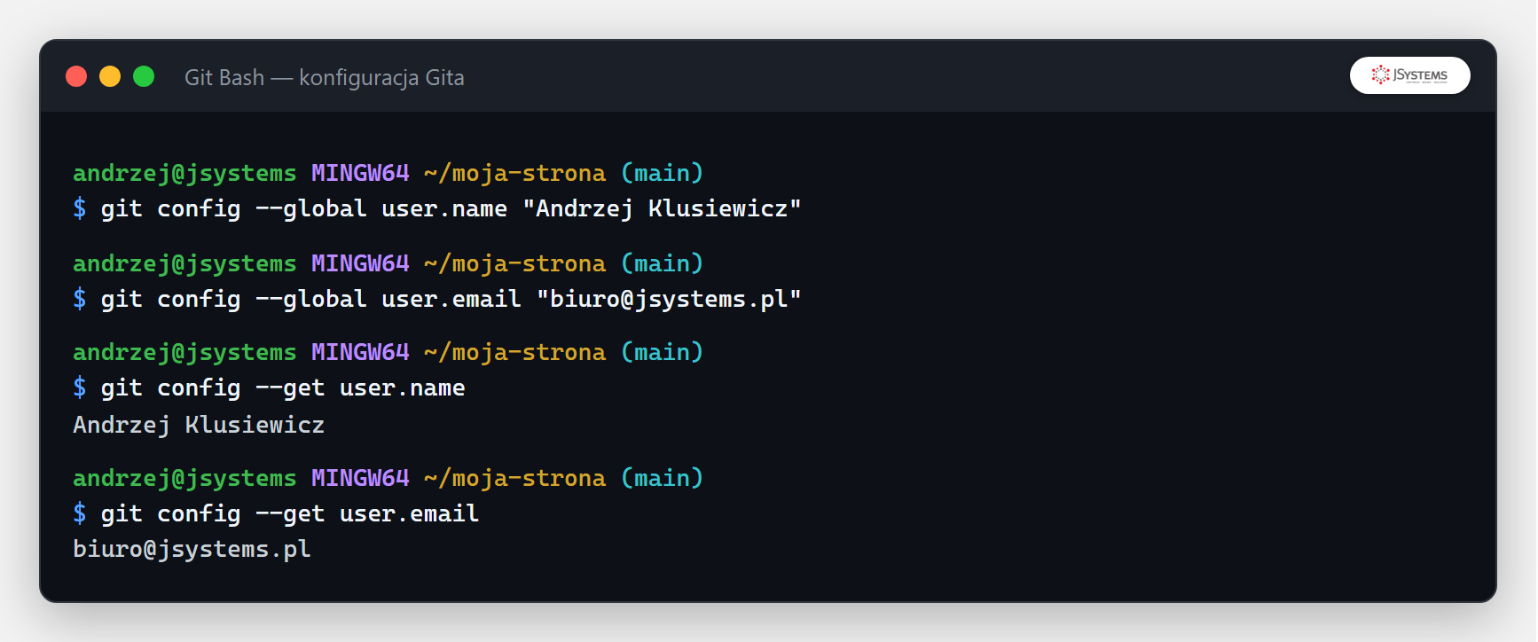 Terminal z konfiguracją user.name i user.email w Gicie