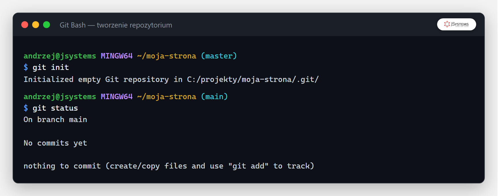 Terminal z poleceniami git init i git status w pustym repozytorium
