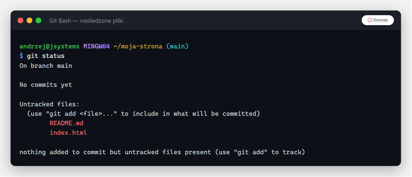 Terminal z git status pokazującym nieśledzone pliki na czerwono