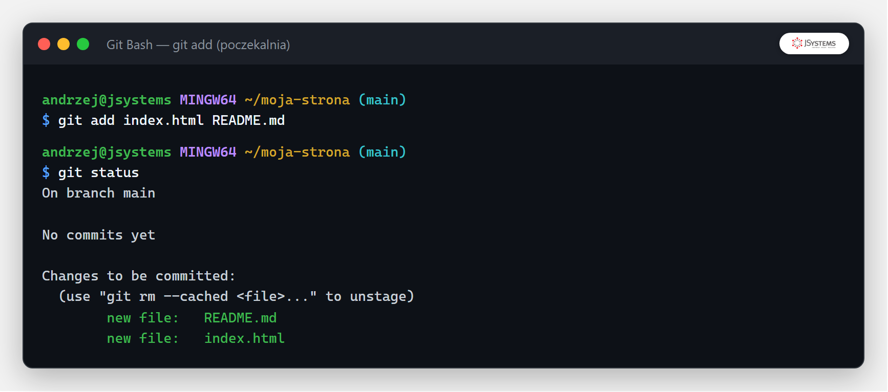 Terminal z git add i git status pokazującym pliki w poczekalni na zielono