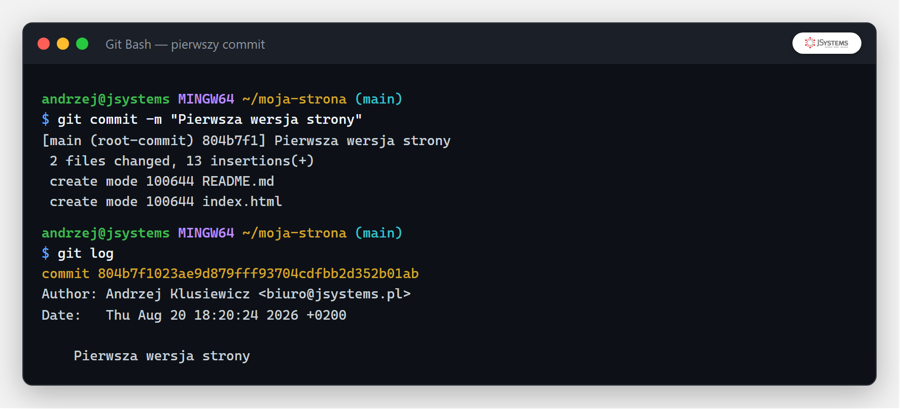 Terminal z git commit i git log pokazującym pierwszy commit