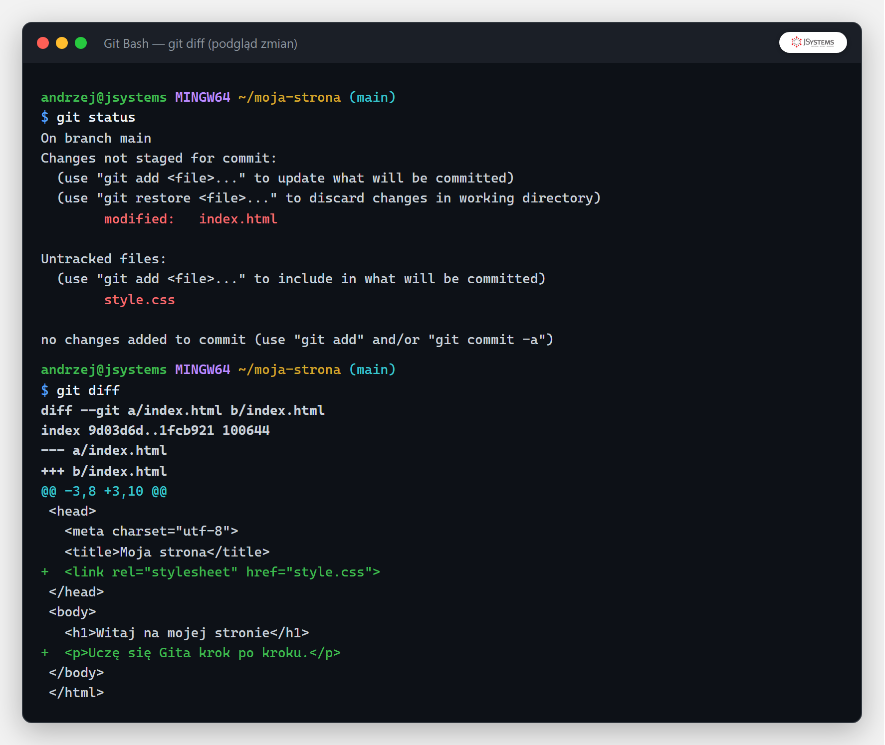 Terminal z git status i git diff pokazującym różnice w plikach