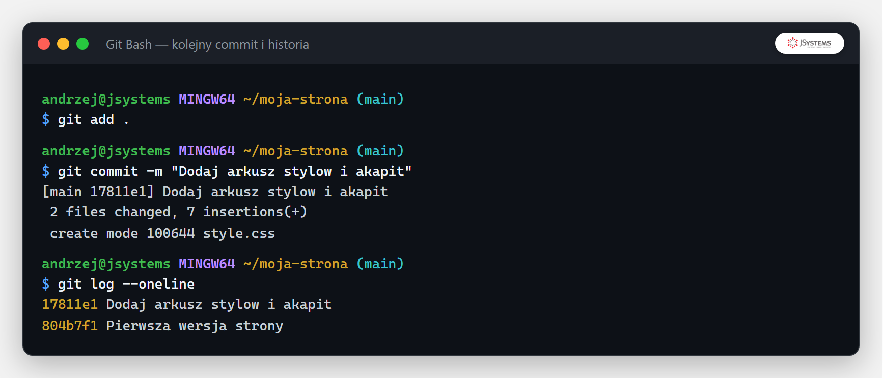 Terminal z drugim commitem i skróconą historią git log --oneline