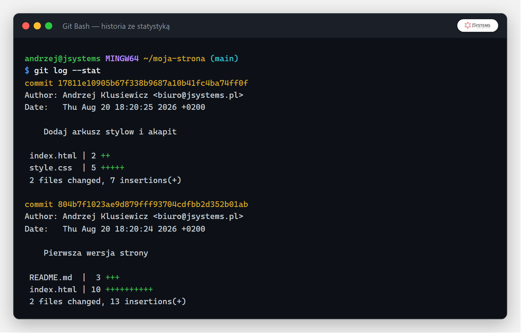 Terminal z git log --stat pokazującym statystyki zmian