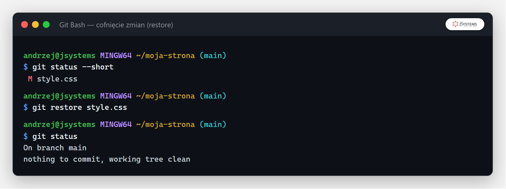 Terminal z git restore przywracającym plik do stanu z commita