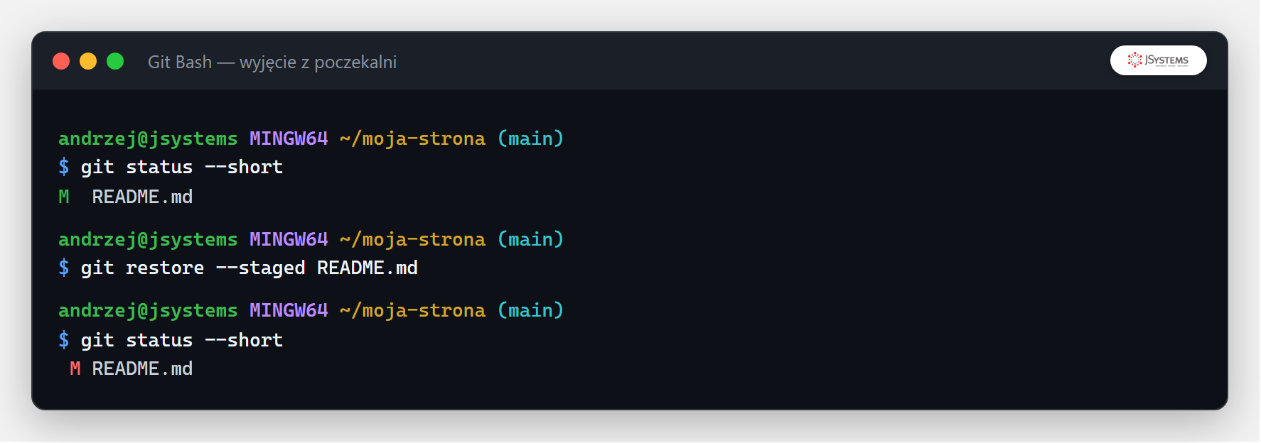 Terminal z git restore --staged wyjmującym plik z poczekalni