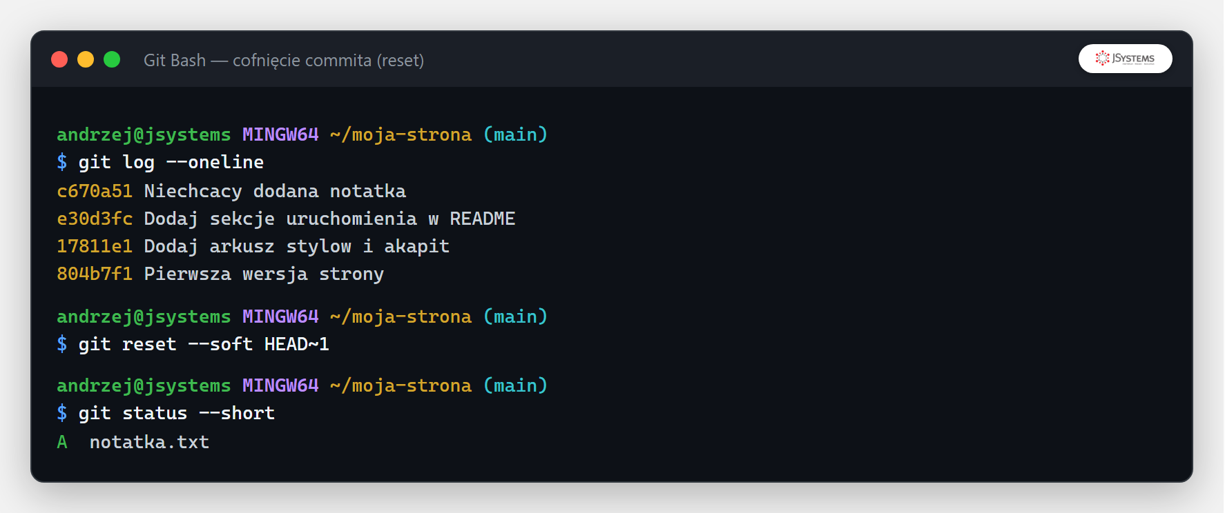 Terminal z git reset --soft cofającym commit do poczekalni