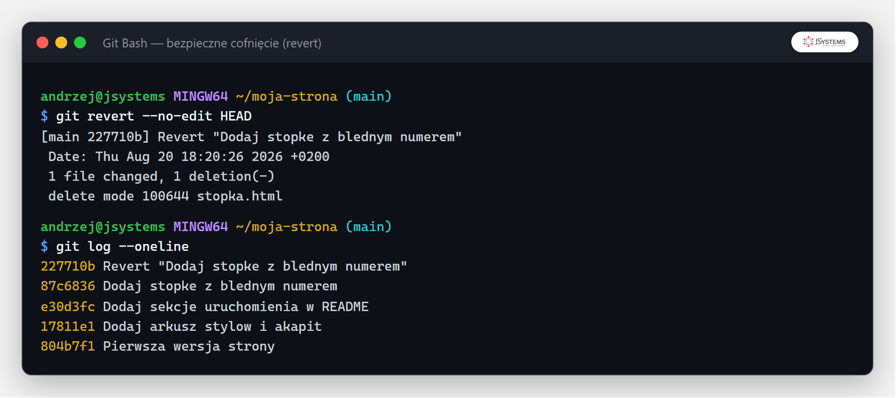 Terminal z git revert tworzącym commit odwracający zmiany