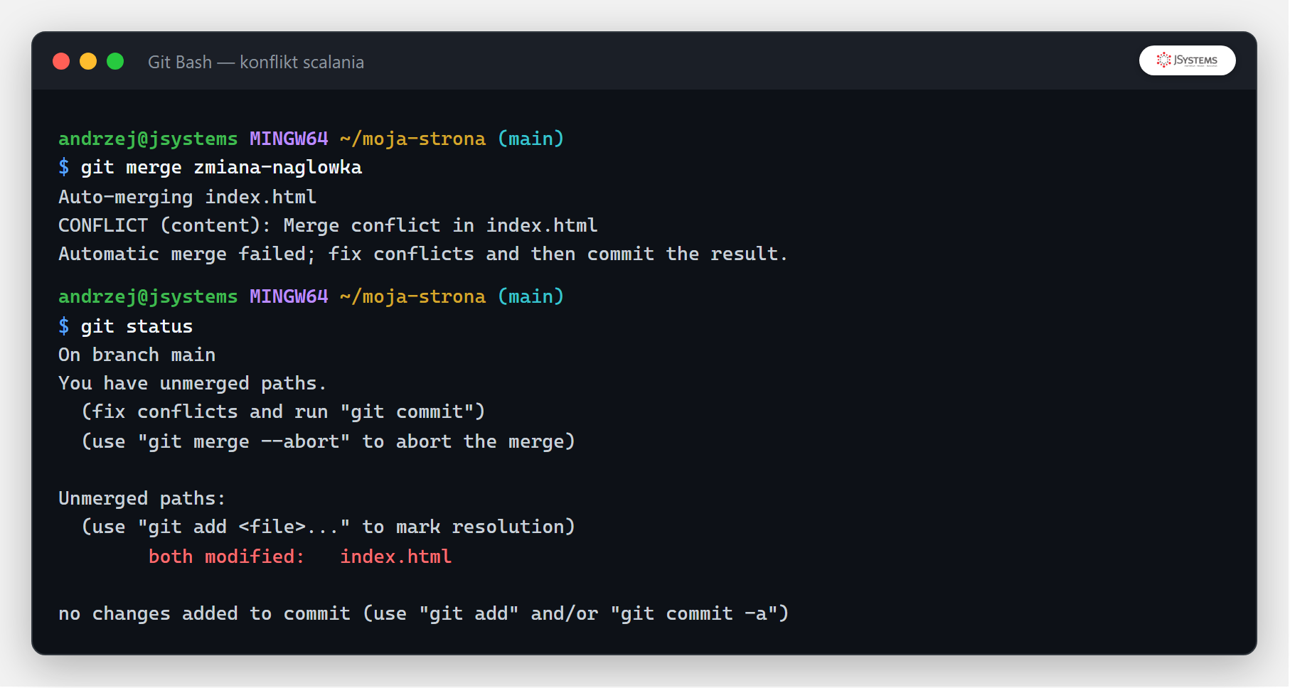 Terminal z komunikatem CONFLICT podczas git merge