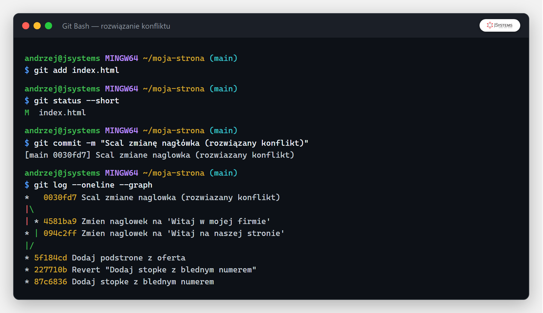 Terminal z rozwiązaniem konfliktu: git add i git commit kończą scalanie