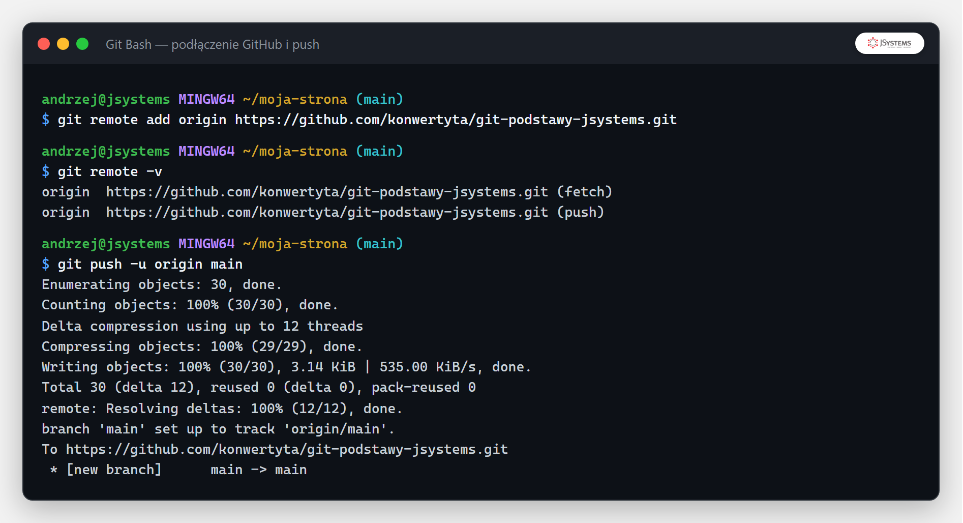 Terminal z git push wysyłającym repozytorium na GitHub