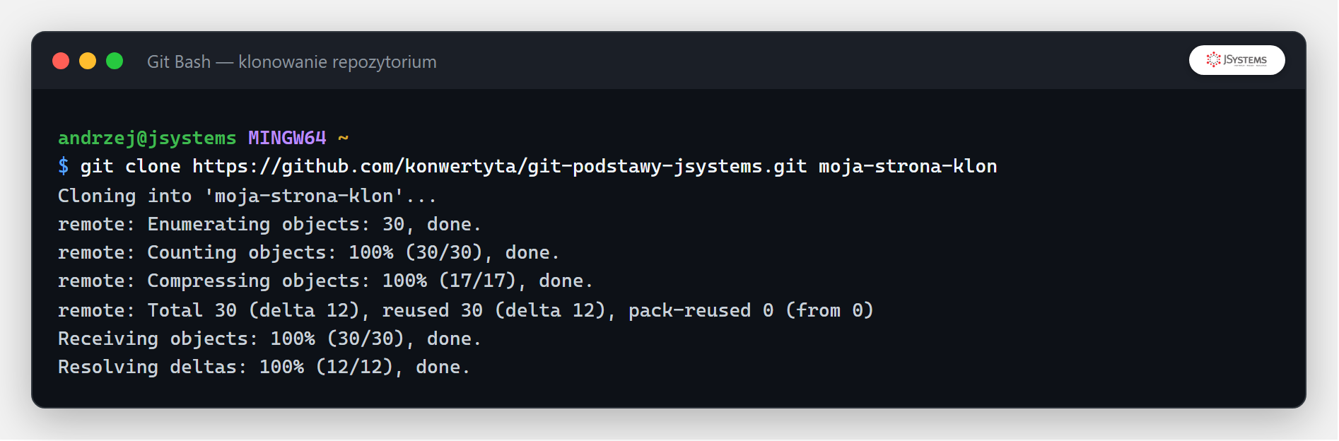 Terminal z git clone pobierającym repozytorium z GitHuba