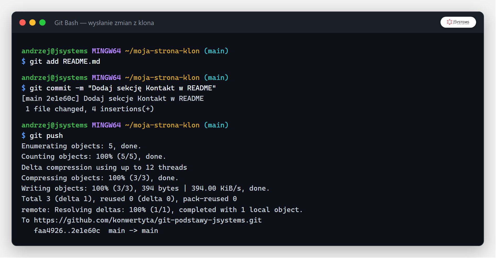 Terminal z git push wysyłającym zmianę z klona na GitHub