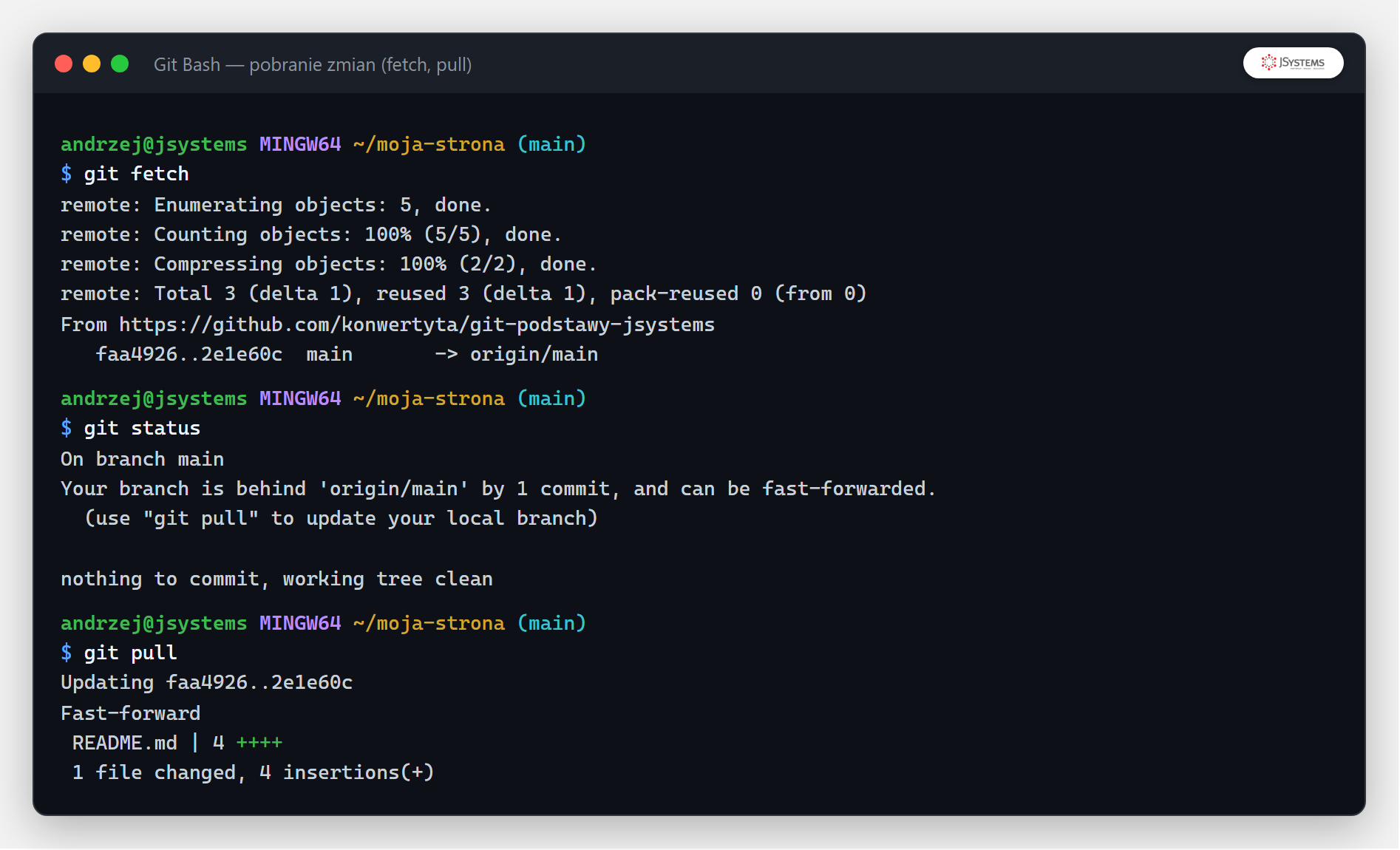 Terminal z git fetch, git status i git pull pobierającymi zmiany z GitHuba