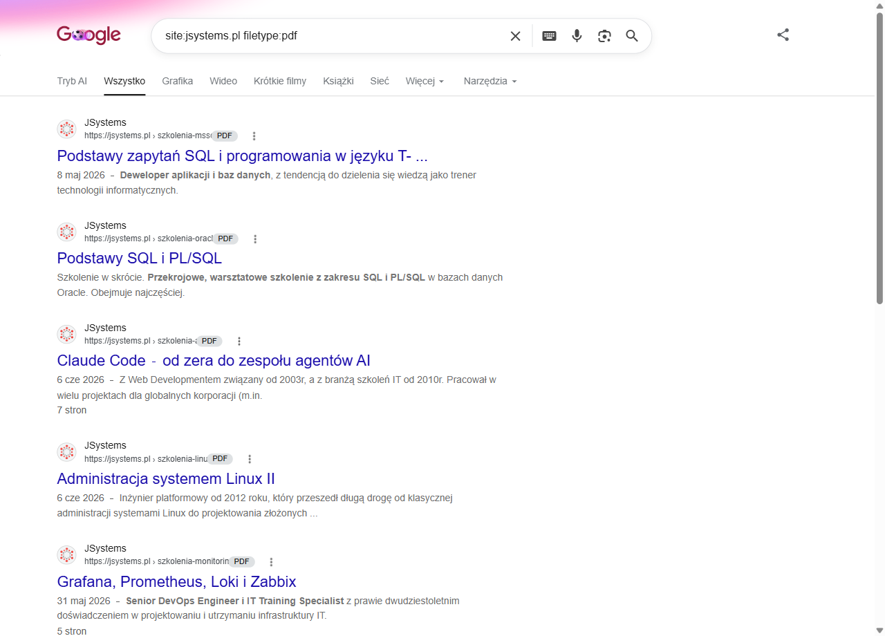 Wyniki Google dla zapytania site:jsystems.pl filetype:pdf - lista dokumentów PDF z domeny