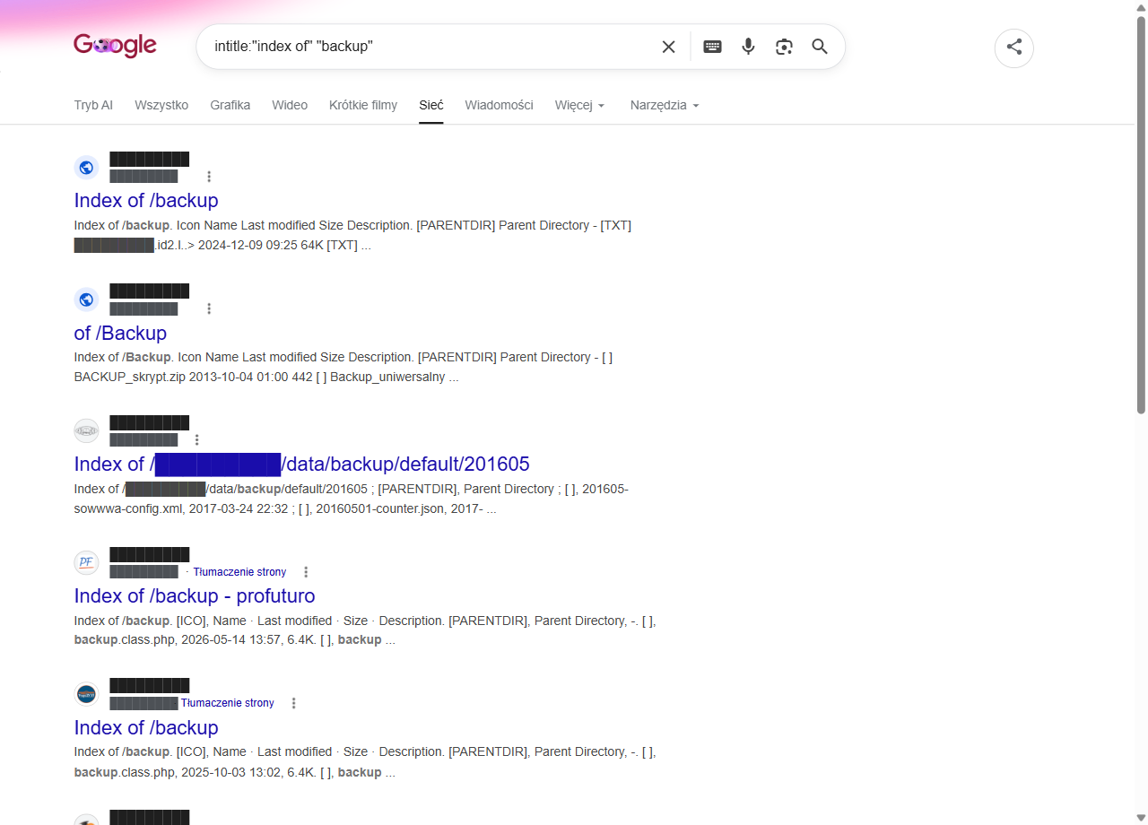 Wyniki Google dla intitle:index of backup - lista otwartych katalogów z kopiami zapasowymi