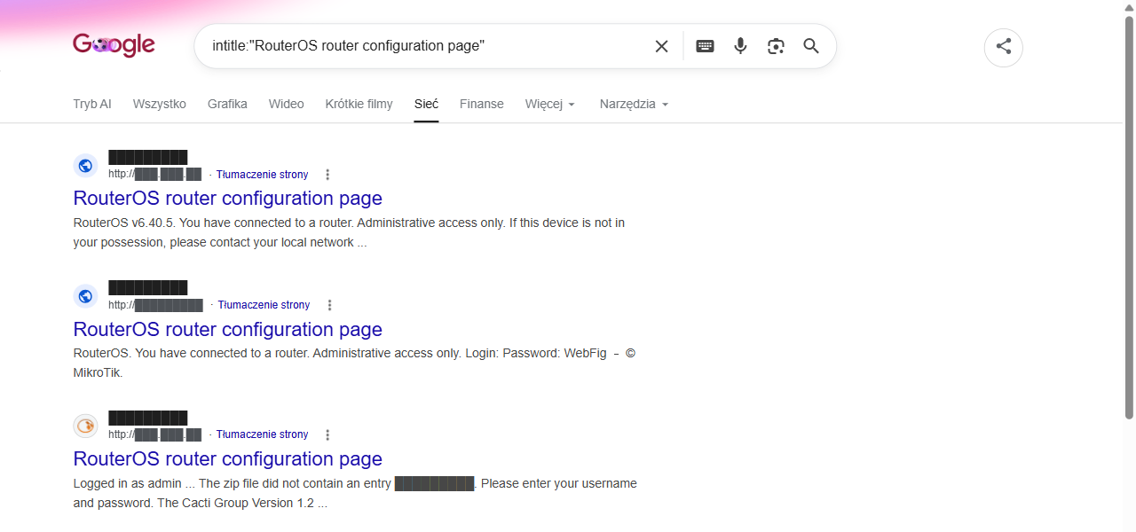 Wyniki Google dla intitle:RouterOS router configuration page - realne panele konfiguracyjne routerów MikroTik
