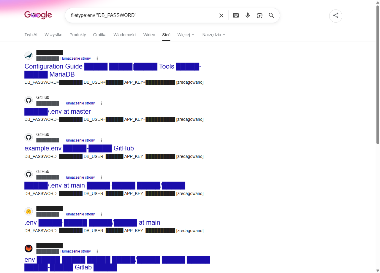 Wyniki Google dla filetype:env DB_PASSWORD - wystawione pliki konfiguracyjne, dane w podglądach zredagowane