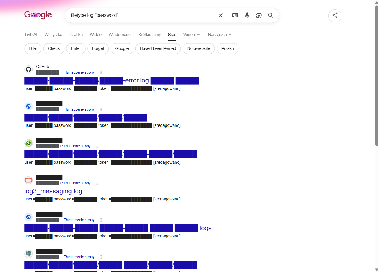 Wyniki Google dla filetype:log password - wystawione logi systemowe z zredagowanymi danymi