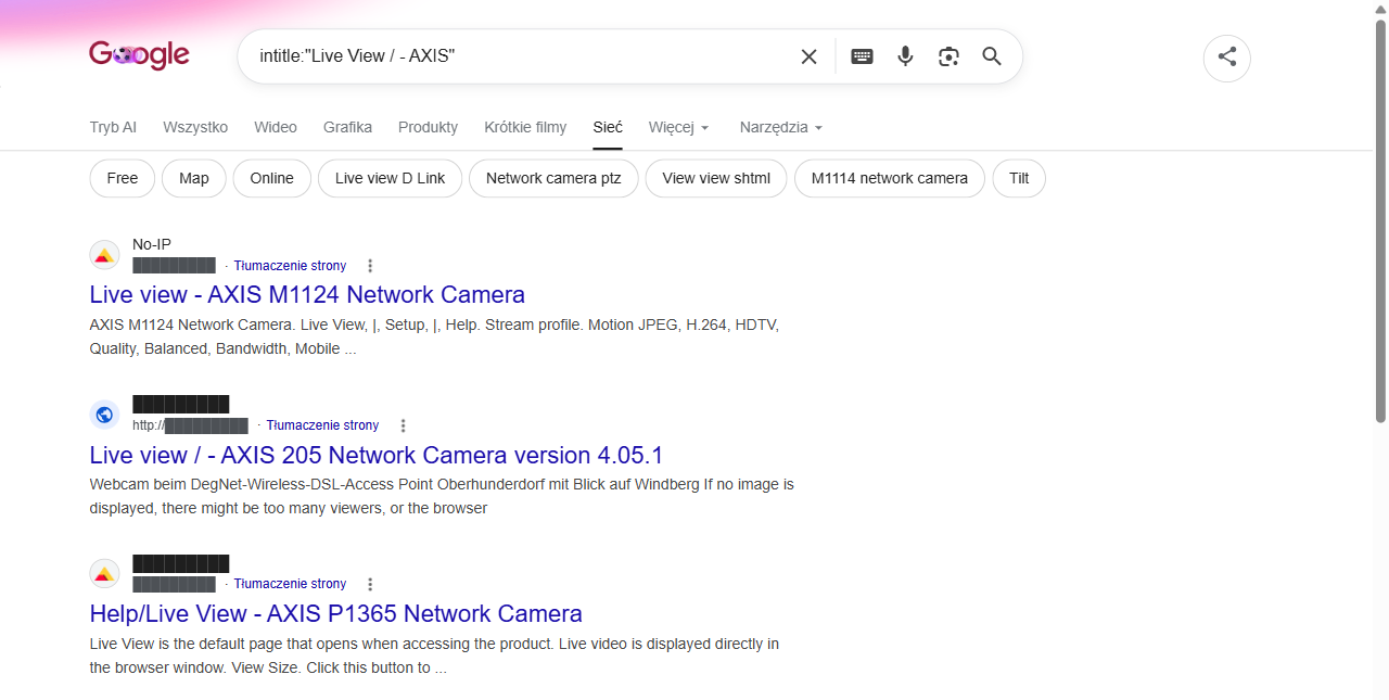 Wyniki Google dla intitle:Live View AXIS - lista wystawionych kamer sieciowych, hosty zredagowane