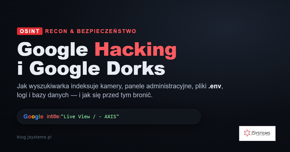 Google Hacking i Google Dorks - grafika tytułowa z przykładowym dorkiem do wyszukiwania kamer AXIS