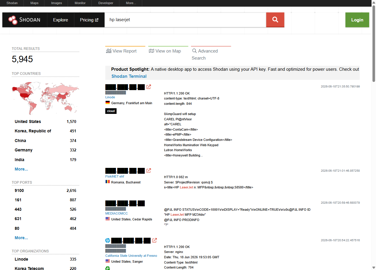 Shodan - blisko 6 tysięcy wystawionych drukarek HP LaserJet, port 9100, adresy IP zredagowane