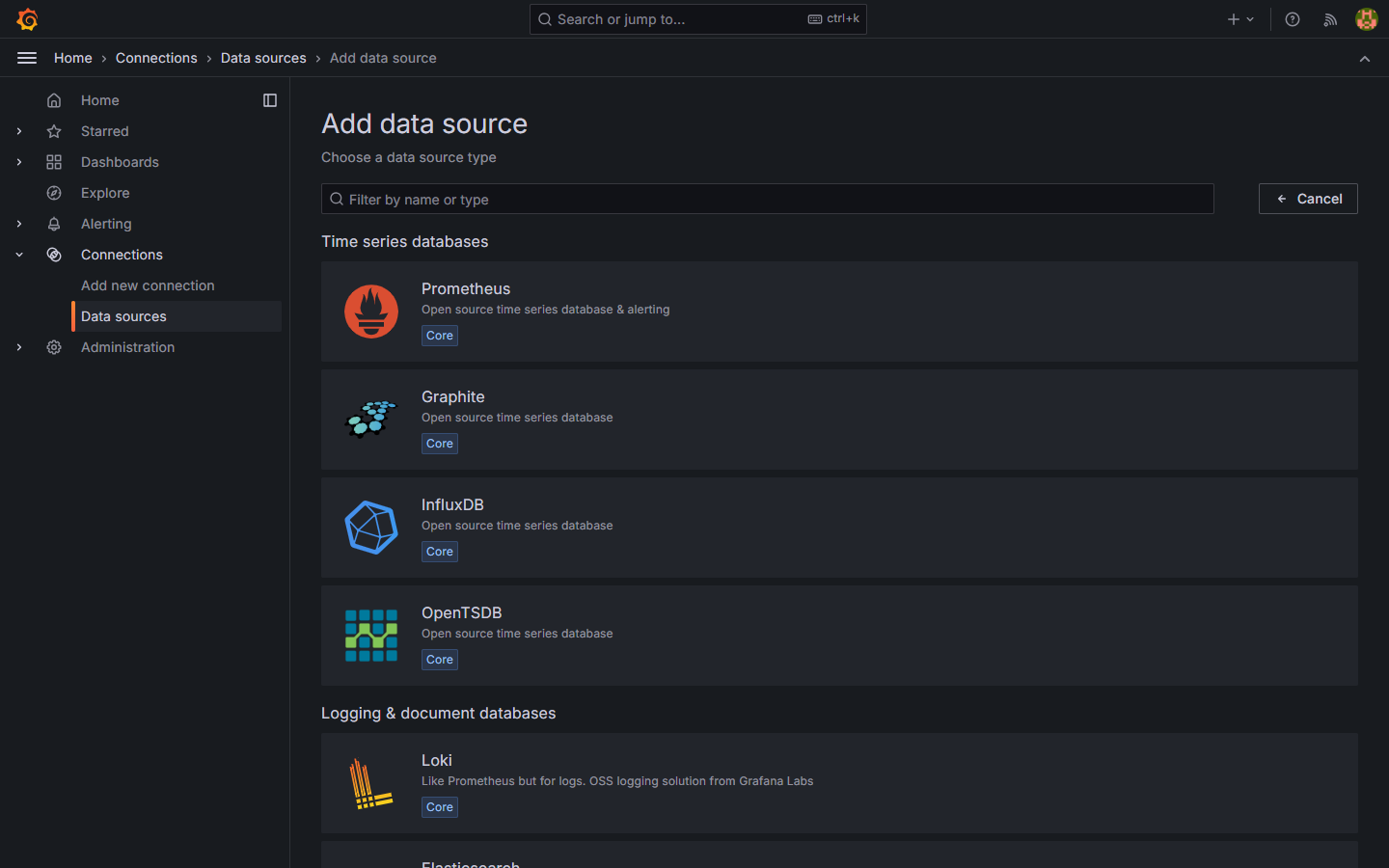 Grafana - katalog źródeł danych do podłączenia: Prometheus, Graphite, InfluxDB, OpenTSDB, Loki i inne, w tym Elasticsearch
