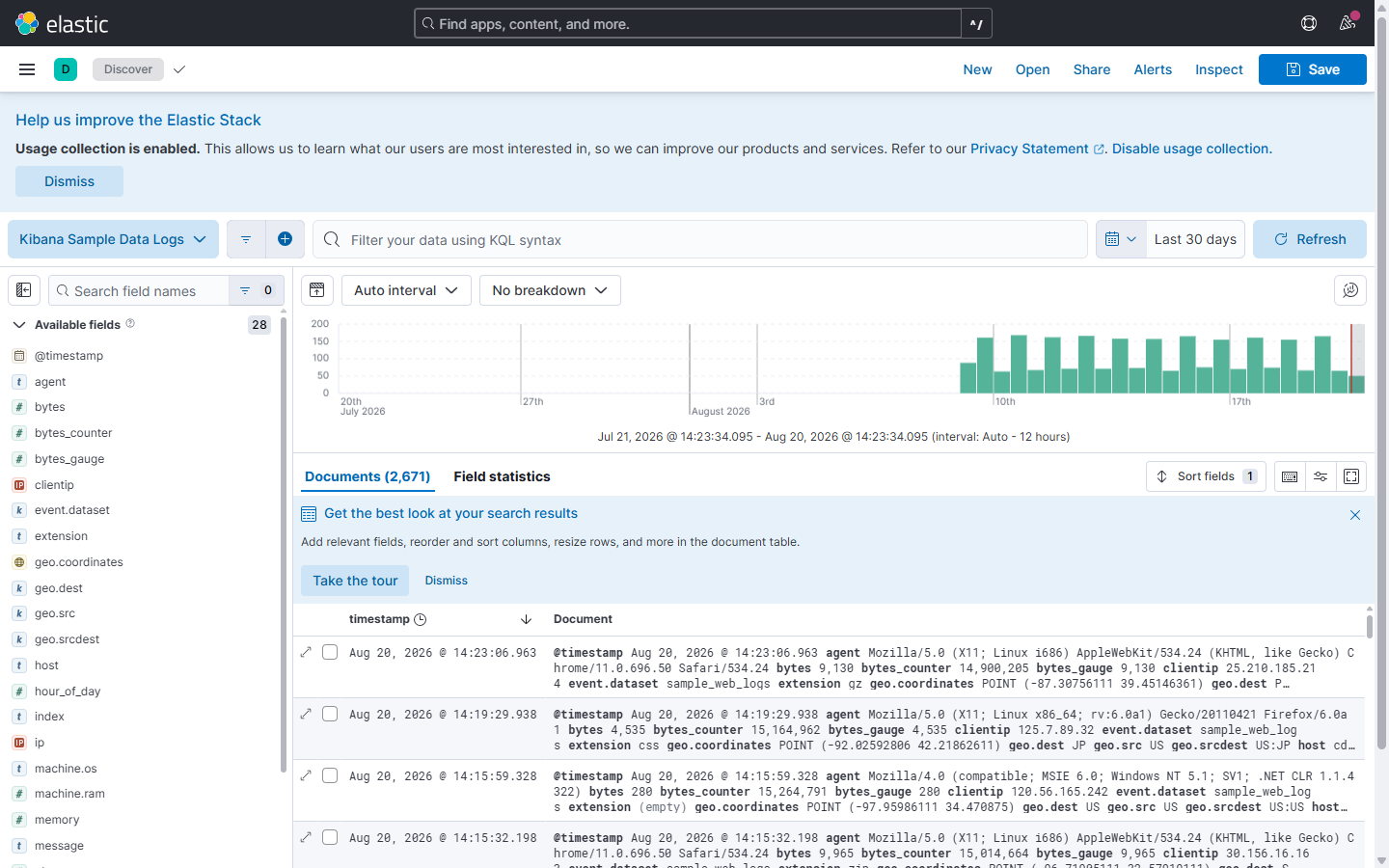 Kibana Discover - interaktywne przeszukiwanie logów: histogram w czasie, lista pól po lewej i tabela surowych zdarzeń do filtrowania