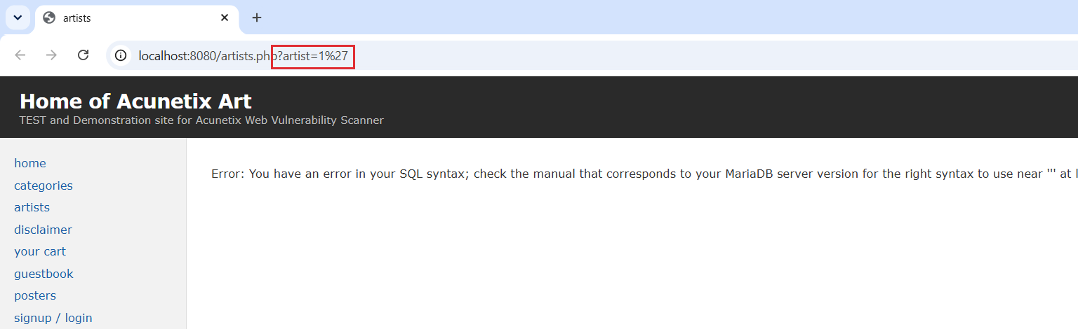 Pasek adresu z parametrem artist=1%27 i komunikat bledu skladni SQL MariaDB zamiast opisu artysty
