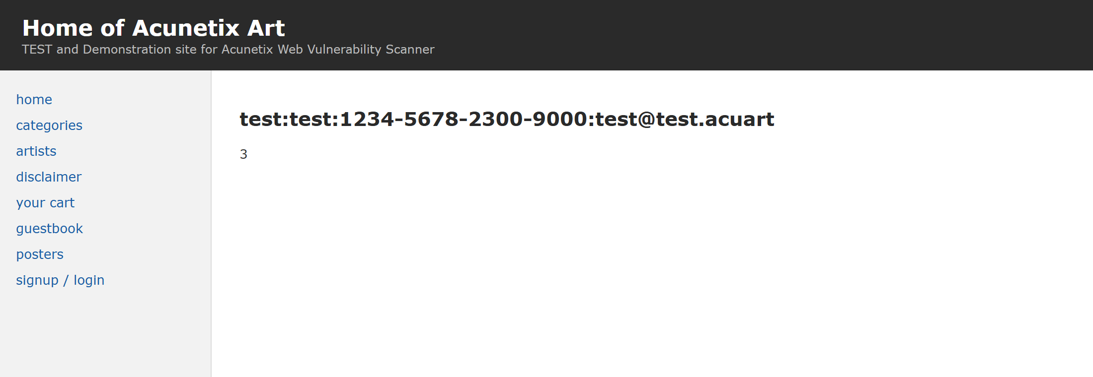 Strona artists.php lokalnego vulnweb: w miejscu nazwy artysty widać wyciekły login, hasło, numer karty i e-mail konta test