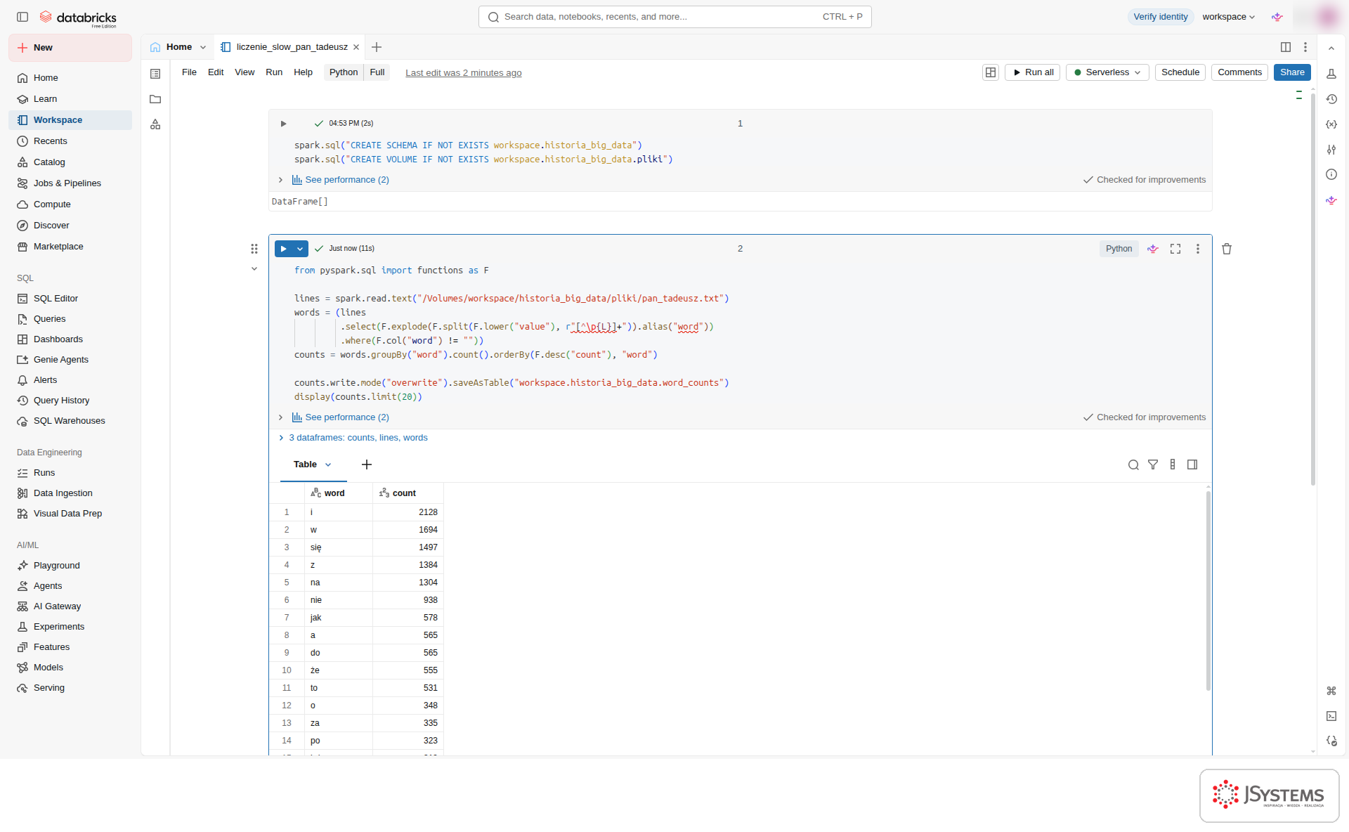 Notatnik w Databricks Free Edition z liczeniem słów w Panu Tadeuszu w PySpark i tabelą wyników