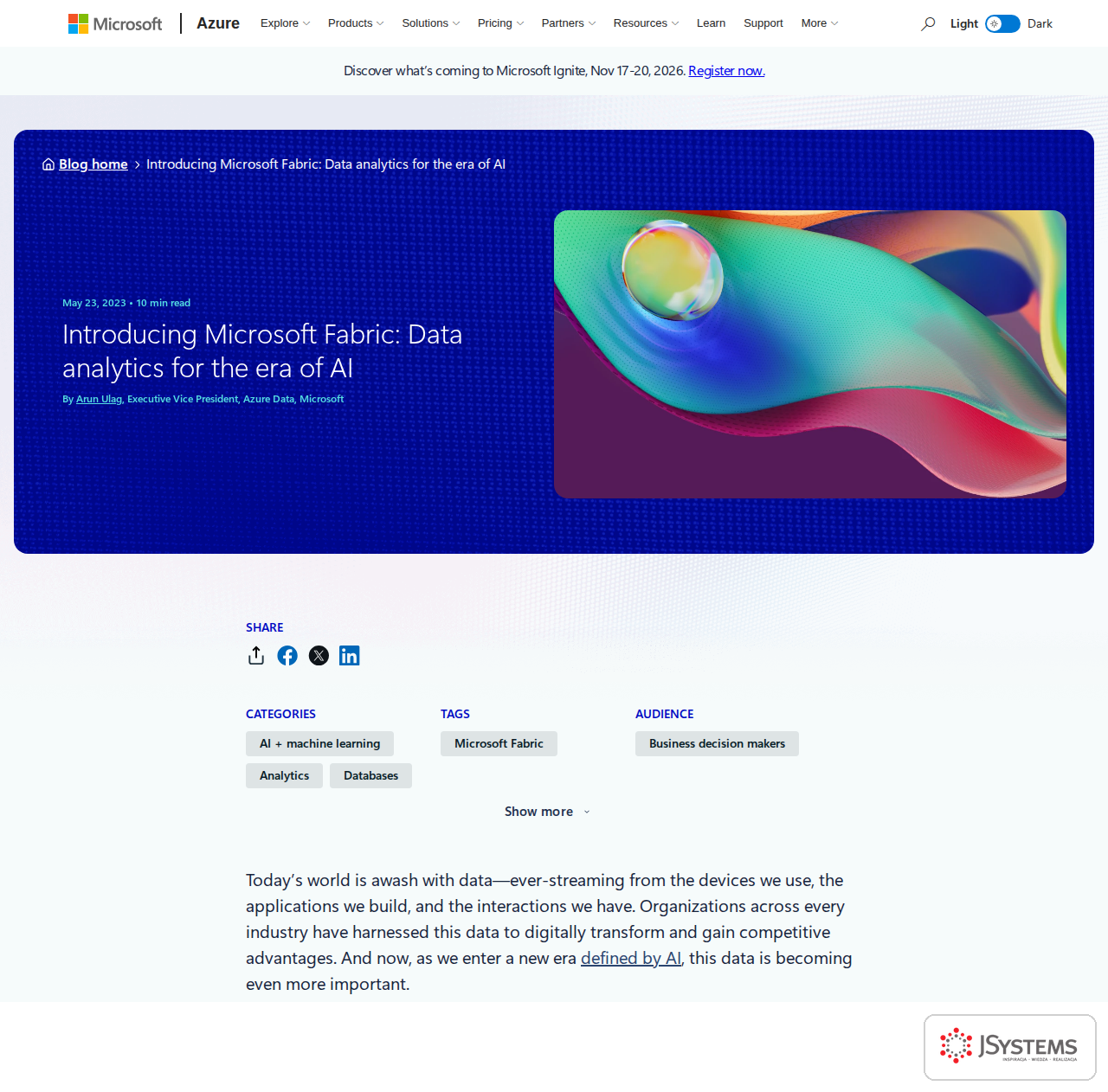 Wpis Microsoftu z maja 2023 roku zapowiadający Microsoft Fabric jako zunifikowaną platformę analityczną
